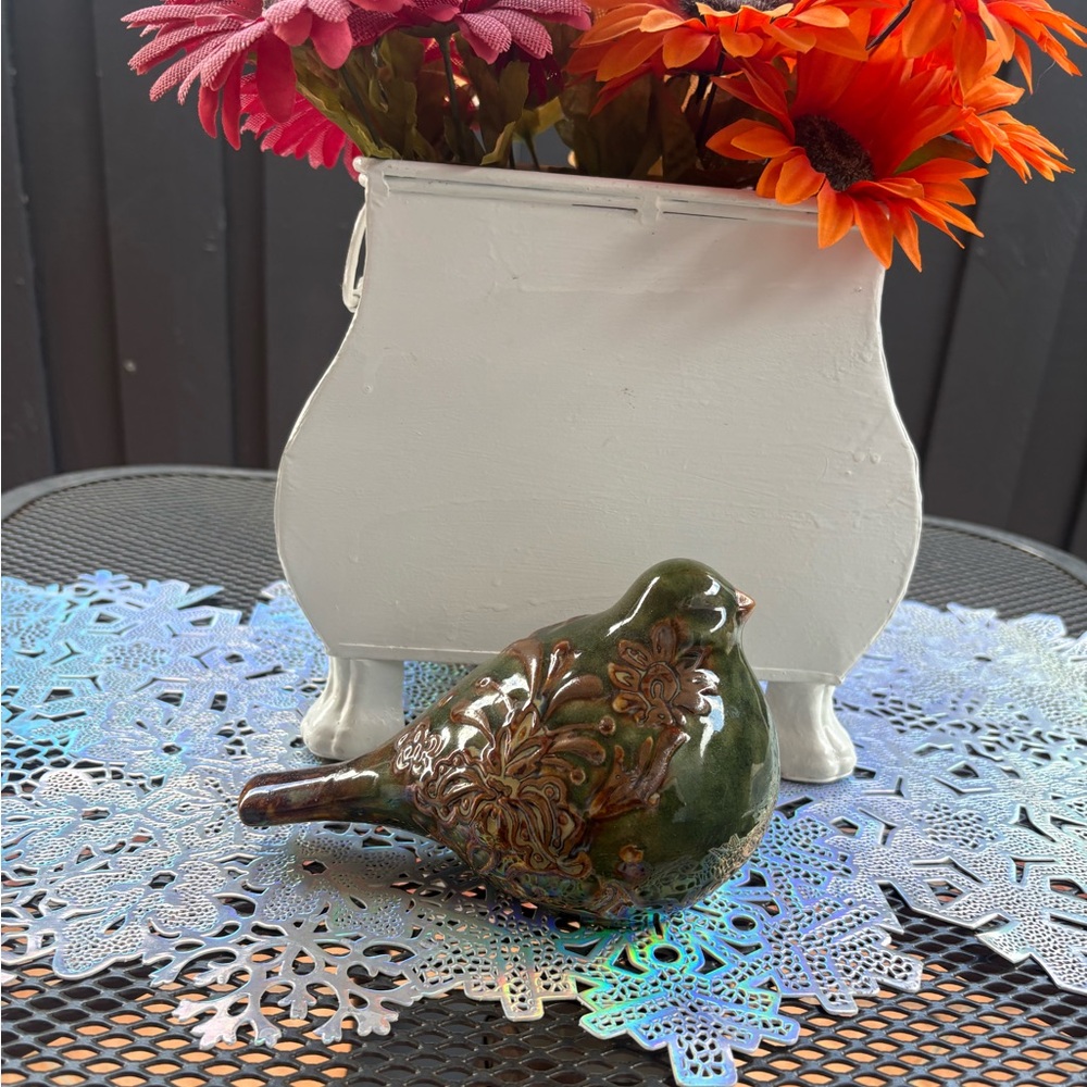 A Ceramic Green and Brown Bird Figurine